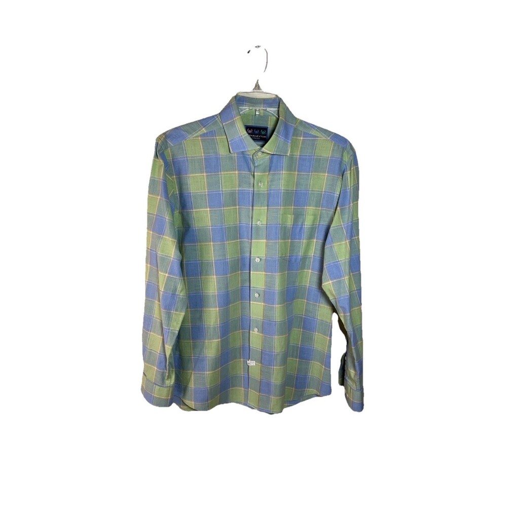 Charleston Threads Size L Blue Green Orange Men’s Pastel Plaid Long Sleeve Shirt